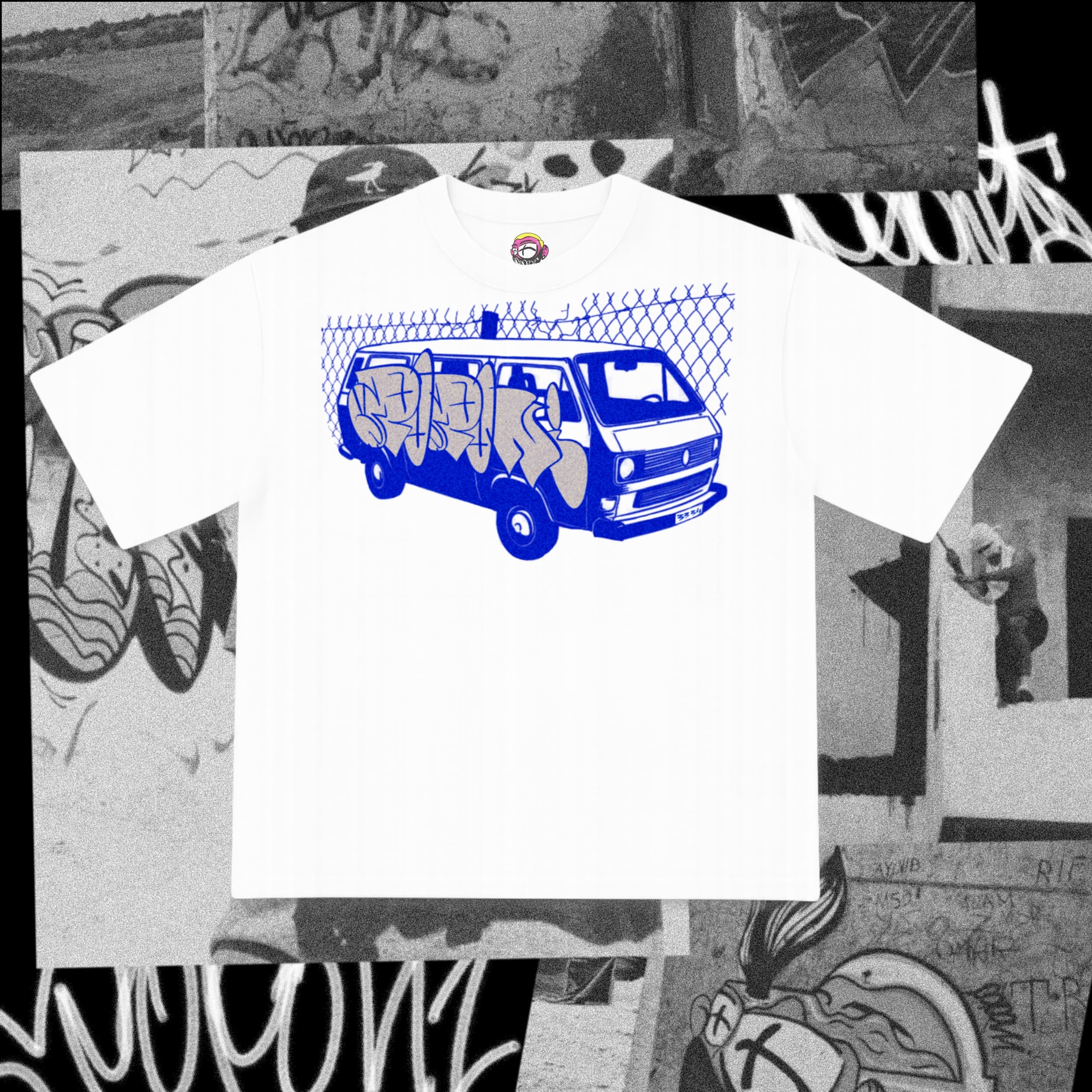 Blue Graffiti Van Tee – White Cotton T-Shirt | POPONI