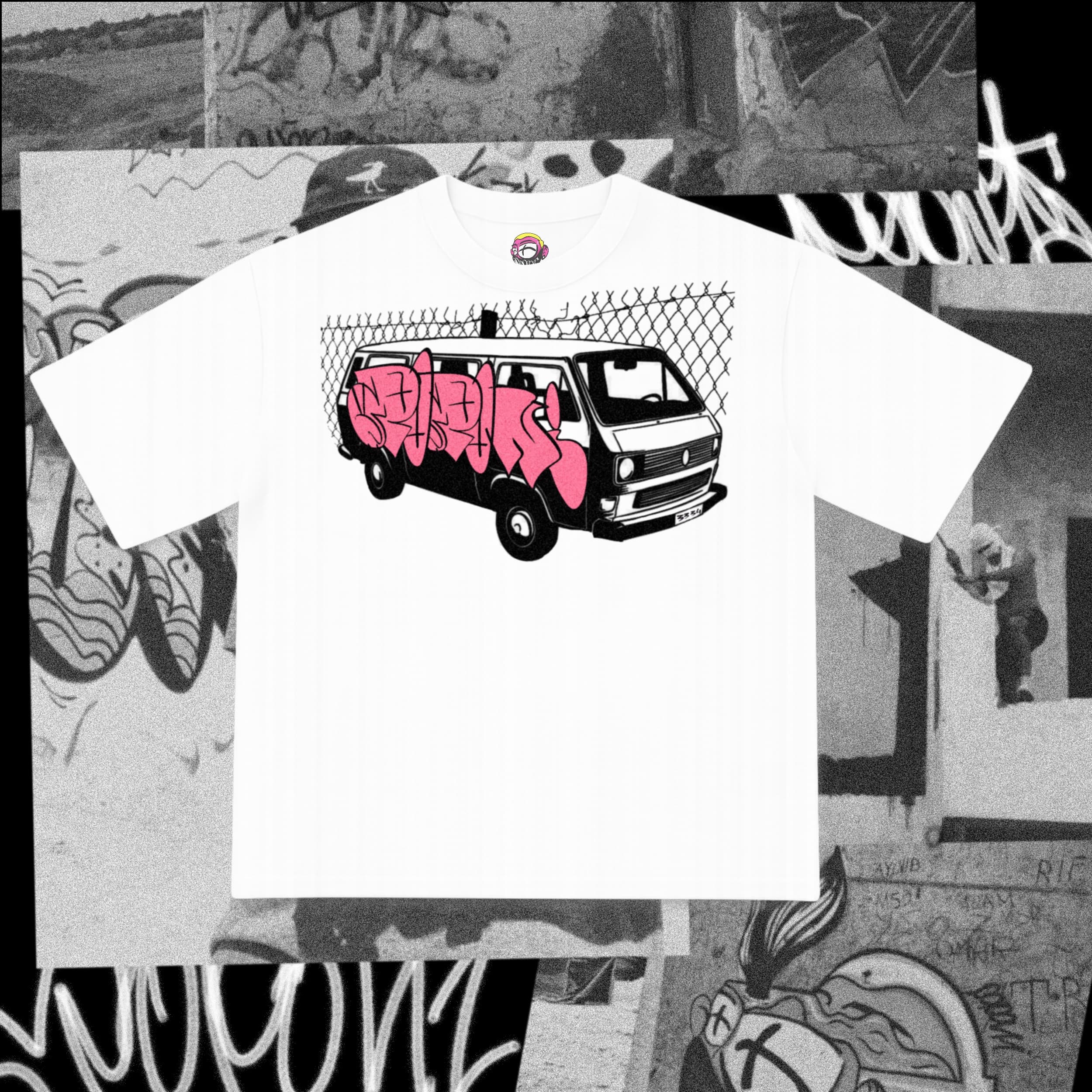 Pink Graffiti Van Tee – White Cotton T-Shirt | POPONI